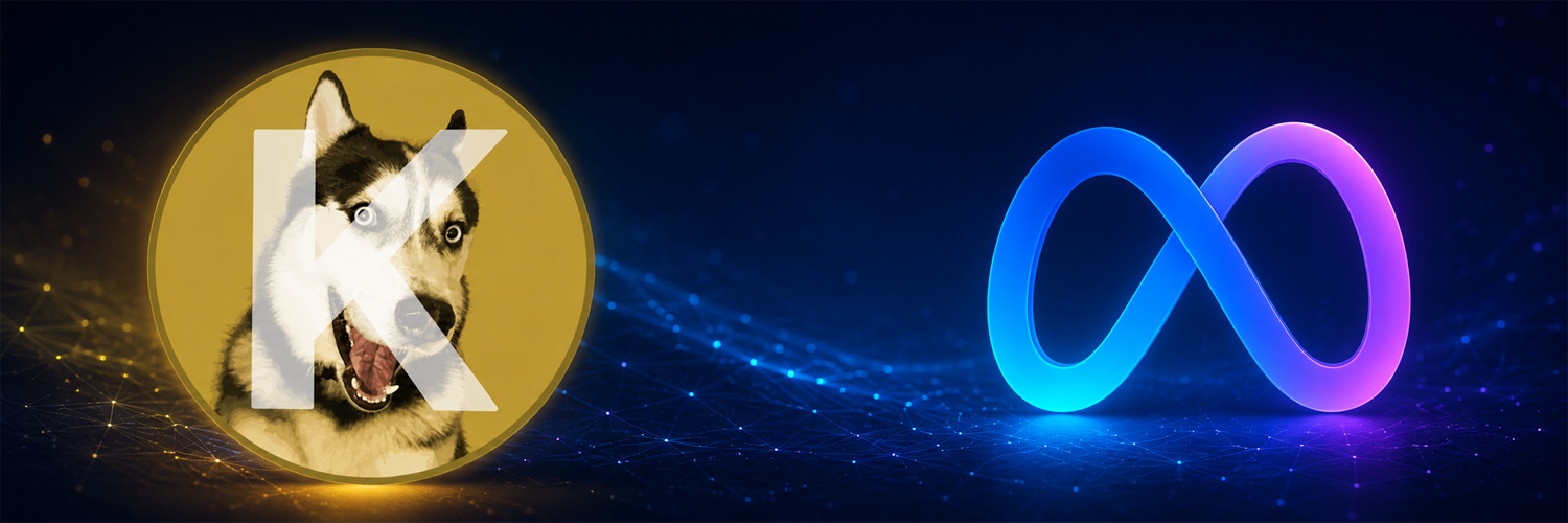 Kodacoin banner — Koda the husky facing the Meta infinity
